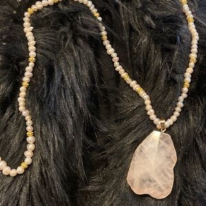 Hand made Rose quartz and Pearl long necklace